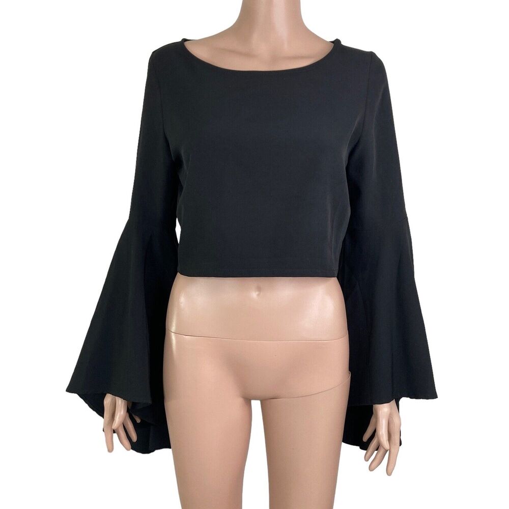 Black Crop Top with Dramatic Bell Sleeves - Women